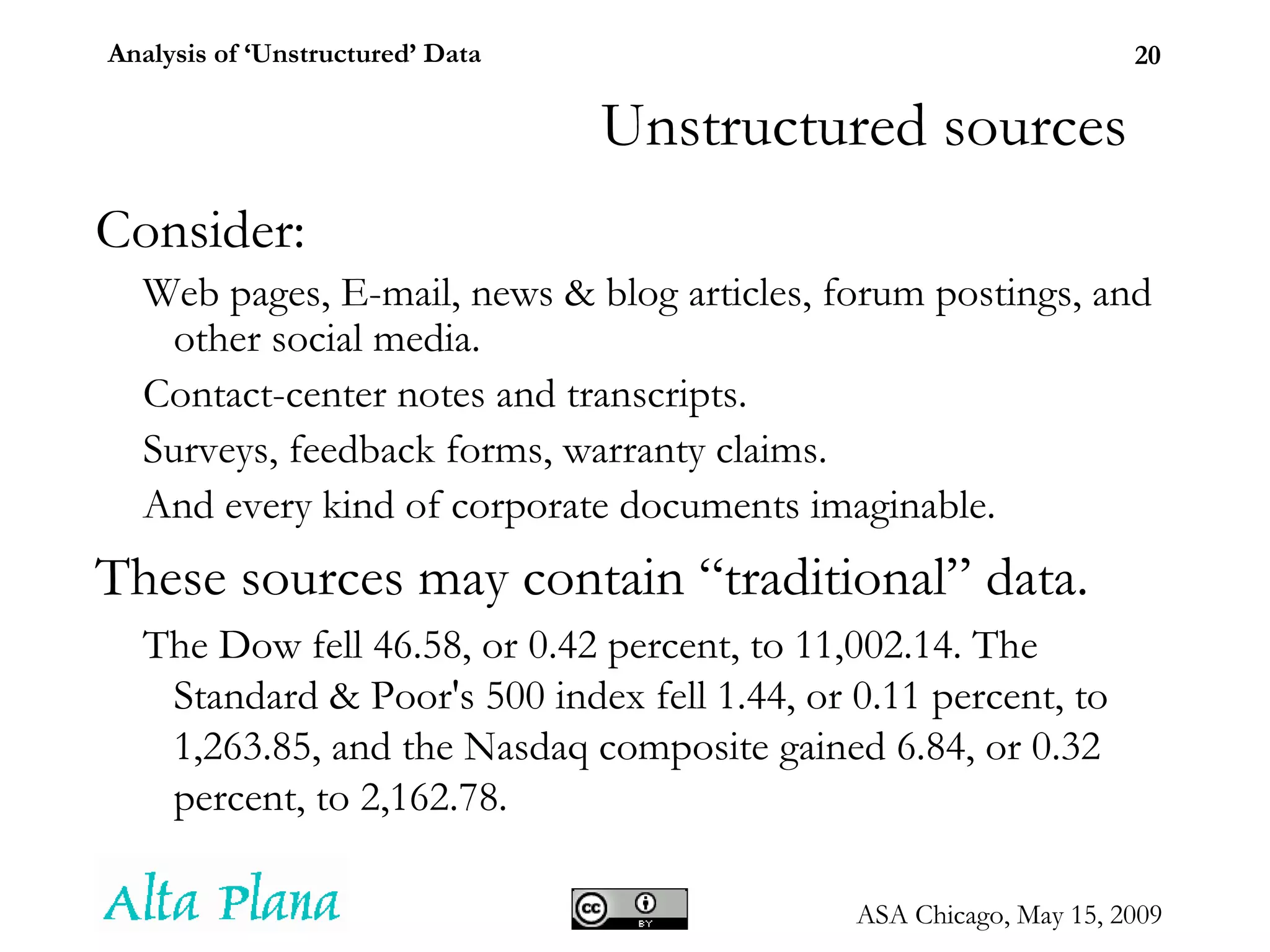 Consider: Web pages, E-mail, news & blog articles, forum postings, and other social media. Contact-center notes and transcripts. Surveys, feedback forms, warranty claims. And every kind of corporate documents imaginable. These sources may contain “traditional” data. The Dow fell 46.58, or 0.42 percent, to 11,002.14. The Standard & Poor's 500 index fell 1.44, or 0.11 percent, to 1,263.85, and the Nasdaq composite gained 6.84, or 0.32 percent, to 2,162.78. Unstructured sources 
