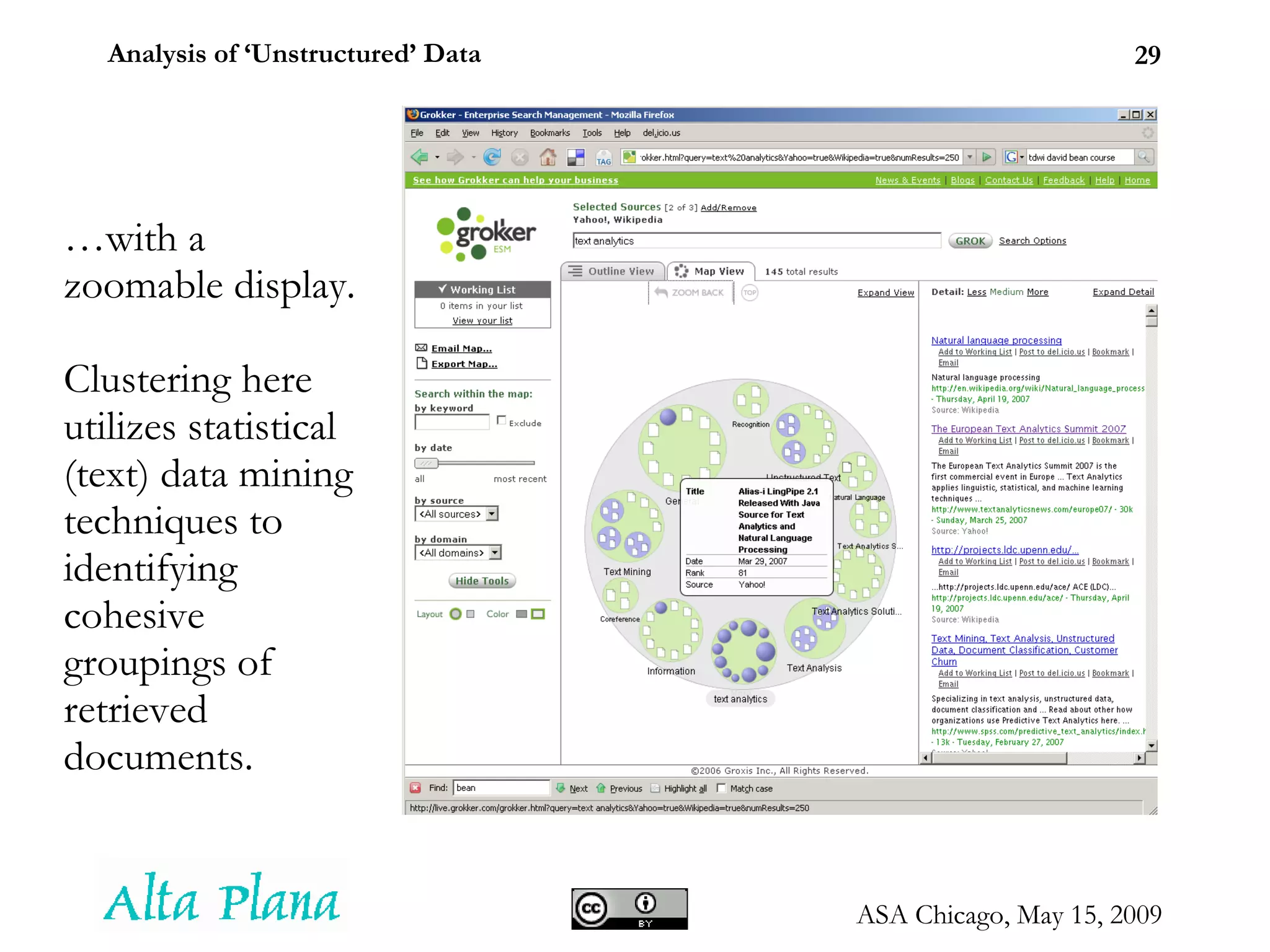 … with a zoomable display. Clustering here utilizes statistical (text) data mining techniques to identifying cohesive groupings of retrieved documents. 