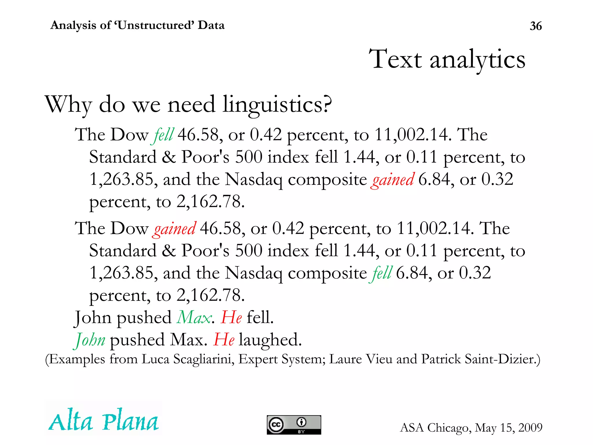Text analytics Why do we need linguistics? The Dow  fell  46.58, or 0.42 percent, to 11,002.14. The Standard & Poor's 500 index fell 1.44, or 0.11 percent, to 1,263.85, and the Nasdaq composite  gained  6.84, or 0.32 percent, to 2,162.78. The Dow  gained  46.58, or 0.42 percent, to 11,002.14. The Standard & Poor's 500 index fell 1.44, or 0.11 percent, to 1,263.85, and the Nasdaq composite  fell  6.84, or 0.32 percent, to 2,162.78. John pushed  Max .  He  fell. John  pushed Max.  He  laughed. (Examples from Luca Scagliarini, Expert System;  Laure Vieu and Patrick Saint-Dizier .) 