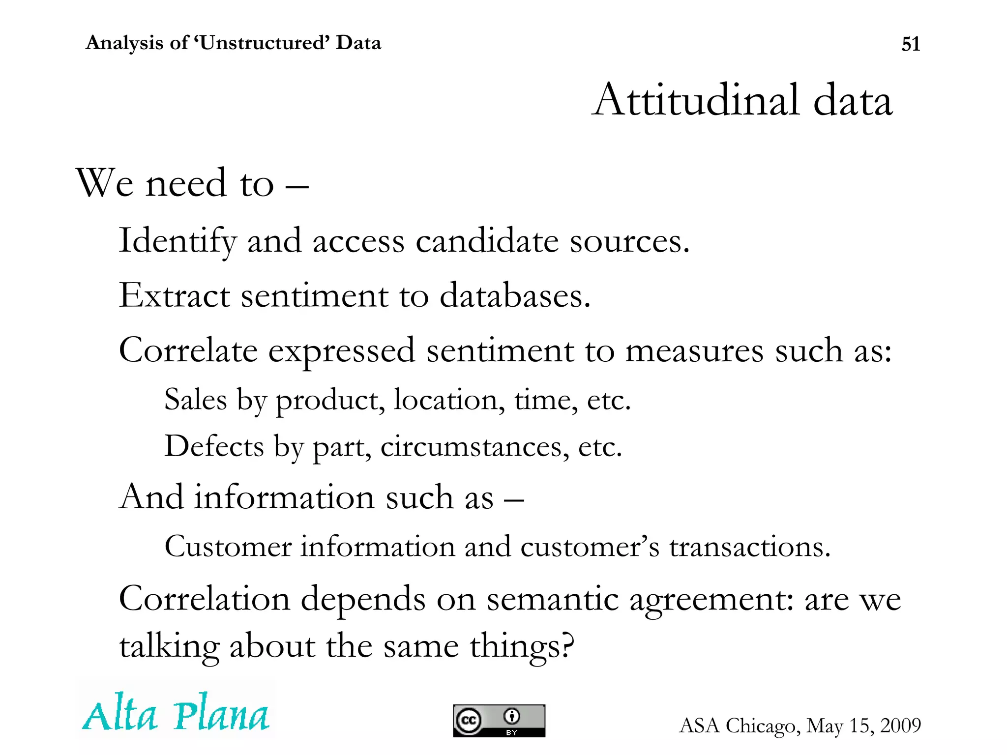 We need to –  Identify and access candidate sources. Extract sentiment to databases. Correlate expressed sentiment to measures such as: Sales by product, location, time, etc. Defects by part, circumstances, etc. And information such as – Customer information and customer’s transactions. Correlation depends on semantic agreement: are we talking about the same things? Attitudinal data 