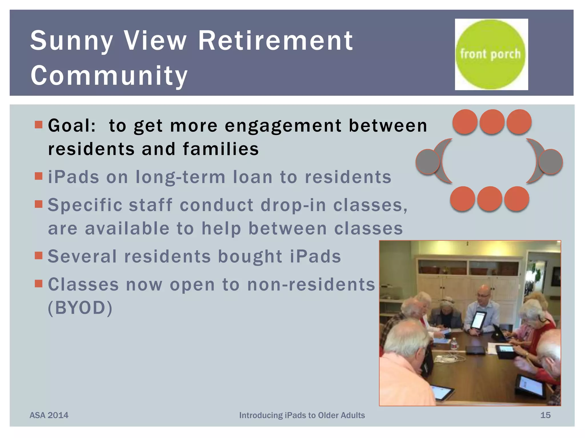  Goal: to get more engagement between
residents and families
 iPads on long-term loan to residents
 Specific staff conduct drop-in classes,
are available to help between classes
 Several residents bought iPads
 Classes now open to non-residents
(BYOD)
ASA 2014 Introducing iPads to Older Adults 15
Sunny View Retirement
Community
 