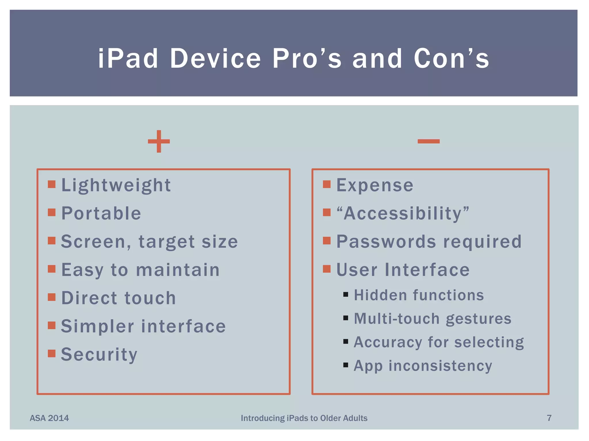+
 Lightweight
 Portable
 Screen, target size
 Easy to maintain
 Direct touch
 Simpler interface
 Security
−
 Expense
 “Accessibility”
 Passwords required
 User Interface
 Hidden functions
 Multi-touch gestures
 Accuracy for selecting
 App inconsistency
ASA 2014 Introducing iPads to Older Adults 7
iPad Device Pro’s and Con’s
 