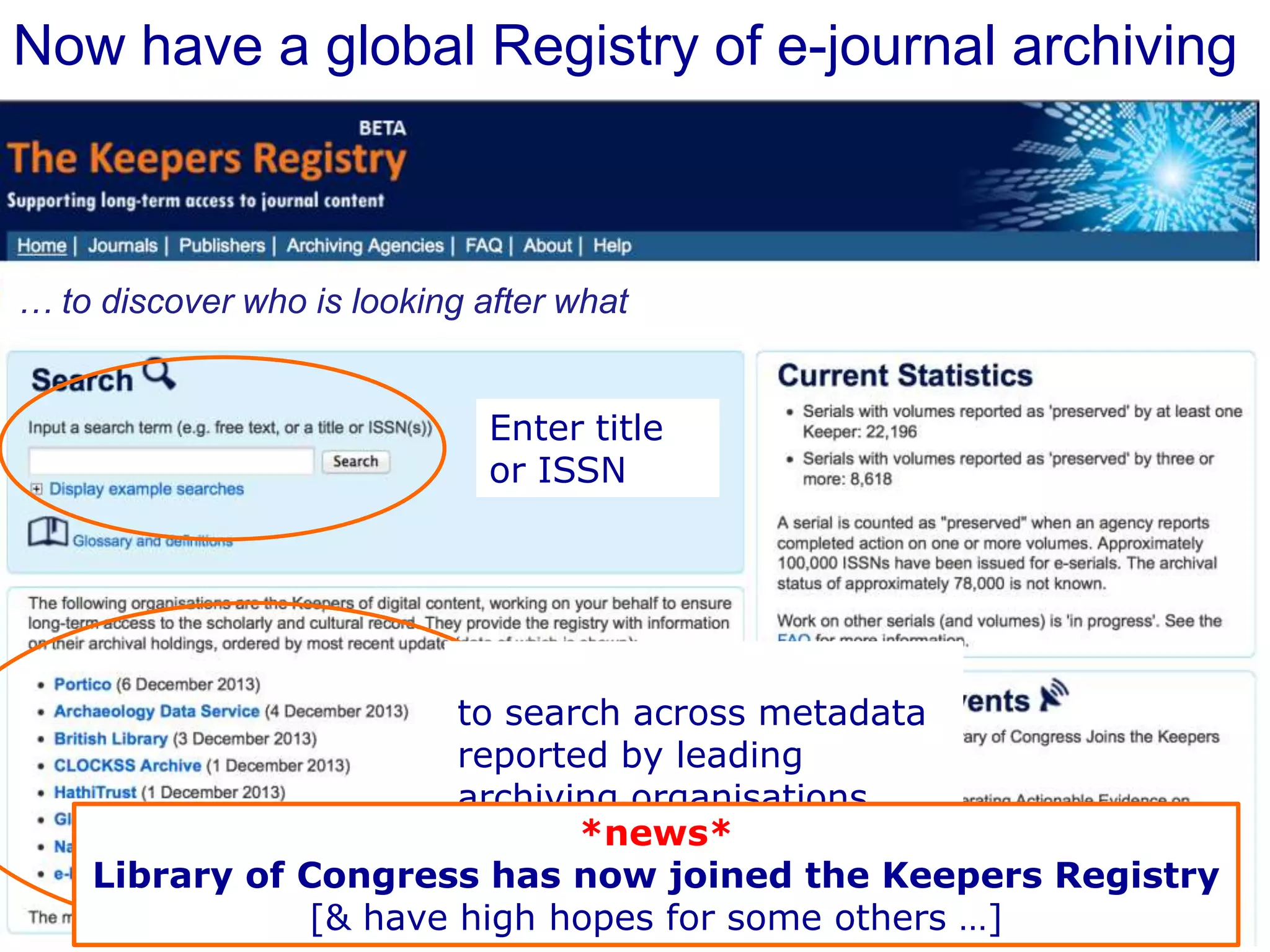 Now have a global Registry of e-journal archiving

… to discover who is looking after what
Enter title
or ISSN

to search across metadata
reported by leading
archiving organisations
*news*
Library of Congress has now joined the Keepers Registry
[& have high hopes for some others …]

 