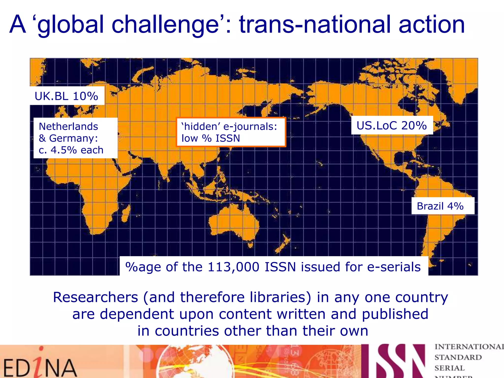A „global challenge‟: trans-national action
UK.BL 10%
Netherlands
& Germany:
c. 4.5% each

„hidden‟ e-journals:
low % ISSN

US.LoC 20%

Brazil 4%

%age of the 113,000 ISSN issued for e-serials

Researchers (and therefore libraries) in any one country
are dependent upon content written and published
in countries other than their own

 