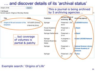 … and discover details of its „archival status‟
This e-journal is being archived
by 5 archiving agencies …

… but coverage
of volumes is
partial & patchy

Example search: „Origins of Life’
11

 