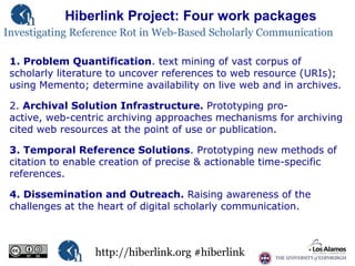 Hiberlink Project: Four work packages
Investigating Reference Rot in Web-Based Scholarly Communication
1. Problem Quantifi...