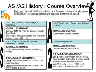 AS /A2 History : Course Overview Rationale : 19 th  and 20th Century British and European History –’people ,power and authority’. Focusing on states and societies over this time period. AS A2 YOU WILL BE STUDYING British political history 1945-90 responding to change. THE NATURE OF ASSESSMENT: Unit 1 : written examination 1hr 20 mins. Two essay questions. Unit 2:  written examination 1hr 20 mins. Two source based questions. Unit 2: Britain in the later 20 th  Century: responding to change. YOU WILL BE STUDYING : Germany 1918-45: From the Second Reich to Third Reich. The collapse of the Liberal state and triumph of fascism in Italy 1896-1943. Unit 1: The expansion and challenge of nationalism. THE NATURE OF ASSESSMENT: Unit 3 : written examination 2hrs. Section a essay question and section B source based historical debate extended question. Unit  4:Internally assessed 4000 word assignment of a 100year history period . YOU WILL BE STUDYING The state and the poor 1815-39. Unit 4:Coursework unit YOU WILL BE STUDYING : Superpower Relations 1944-90. Unit 3: World divided: Superpower Relations 1944-90. 