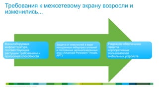 Требования к межсетевому экрану возросли и
изменились...




Масштабируемая                                                    Защита от опасностей в виде          Надежное обеспечение
инфраструктура,                                                   изощренных киберпреступлений         защиты
соответствующая                                                   и постоянных целенаправленных        корпоративных
растущим требованиям к                                            атак (Advanced Persistent Threats,   пользователей
пропускной способности                                            APT)                                 мобильных устройств




© Cisco и/или ее дочерние компании, 2011 г. Все права защищены.                                                               4
 