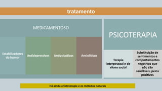 tratamento
MEDICAMENTOSO
Estabilizadores
do humor
Antidepressivos Antipsicóticos Ansiolíticos
Há ainda a fototerapia e os métodos naturais
PSICOTERAPIA
Terapia
interpessoal e de
ritmo social
Substituição de
sentimentos e
comportamentos
negativos que
não são
saudáveis, pelos
positivos
 