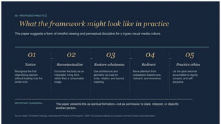 09 · PROPOSED PRACTICE
What the framework might look like in practice
The paper suggests a form of mindful viewing and perceptual discipline for a hyper-visual media culture.
01
Notice
Recognize the first
objectifying reaction
without treating it as the
whole truth.
→
02
Recontextualize
Encounter the body as an
integrated, living form
rather than a consumable
image.
→
03
Restore wholeness
Use architecture and
geometry as cues for
order, relation, and sacred
meaning.
→
04
Redirect
Move attention from
possession toward care,
restraint, and reverence.
→
05
Practice ethics
Let the gaze become
accountable to dignity,
consent, and self-
discipline.
IMPORTANT GUARDRAIL The paper presents this as spiritual formation—not as permission to stare, interpret, or objectify
another person.
Source: Akash, “Embodied Theology: Implications for Practice and Perception,” 2026. The proposed pathway is conceptual and has not been empirically tested.
 