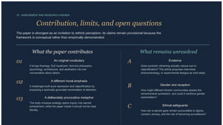 10 · ASSESSMENT AND RESEARCH AGENDA
Contribution, limits, and open questions
The paper is strongest as an invitation to rethink perception; its claims remain provisional because the
framework is conceptual rather than empirically demonstrated.
What the paper contributes
01 An original vocabulary
It brings theology, Sufi mysticism, feminist philosophy,
psychology, architecture, and aesthetics into one
conversation about desire.
02 A different moral emphasis
It challenges both pure repression and objectification by
proposing a spiritually grounded reorientation of attention.
03 A deliberately provocative metaphor
The body–mosque analogy opens inquiry into sacred
embodiment, while the paper insists it should not be read
literally.
What remains unresolved
A Evidence
Does symbolic reframing actually reduce lust or
objectification? The article proposes interviews,
phenomenology, or experimental designs as next steps.
B Gender and reception
How might different Muslim communities assess the
dome/minaret symbolism, and could it reinforce gender
essentialism?
C Ethical safeguards
How can a sacred gaze remain accountable to dignity,
consent, privacy, and the risk of becoming surveillance?
 