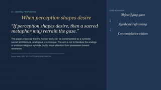 01 · CENTRAL PROPOSITION
When perception shapes desire
“If perception shapes desire, then a sacred
metaphor may retrain the gaze.”
The paper proposes that the human body can be contemplated as a symbolic
sacred architecture, analogous to a mosque. The aim is not to literalize the analogy
or eroticize religious symbols, but to move attention from possession toward
reverence.
Source: Akash, 2026 · DOI 10.47772/IJRISS.2026.100601190
CORE MOVEMENT
Objectifying gaze
↓
Symbolic reframing
↓
Contemplative vision
 