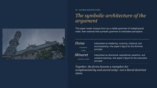 03 · SACRED ARCHITECTURE
The symbolic architecture of the
argument
The paper reads mosque form as a visible grammar of metaphysical
order, then extends that symbolic grammar to embodied perception.
Dome
EXPANSIVE
FORM
Interpreted as sheltering, nurturing, maternal, and
encompassing—the paper’s figure for the feminine
principle.
Minaret
VERTICAL FORM
Interpreted as directional, aspirational, assertive, and
outward-reaching—the paper’s figure for the masculine
principle.
Together, the forms become a metaphor for
complementarity and sacred unity—not a literal doctrinal
claim.
 