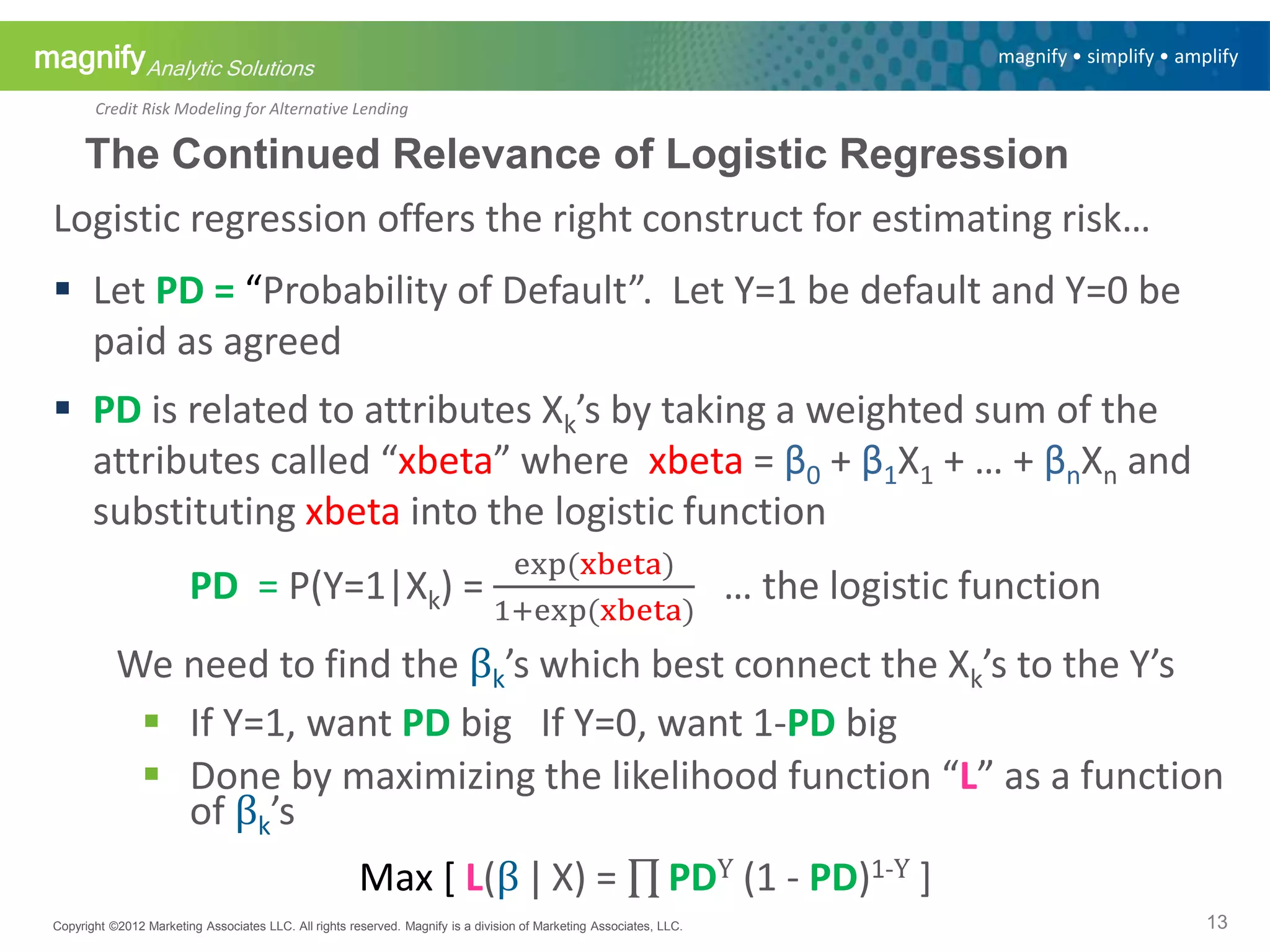 magnifyAnalytic Solutions
magnify • simplify • amplify
Credit Risk Modeling for Alternative Lending
Logistic regression offers the right construct for estimating risk…
 Let PD = “Probability of Default”. Let Y=1 be default and Y=0 be
paid as agreed
 PD is related to attributes Xk’s by taking a weighted sum of the
attributes called “xbeta” where xbeta = β0 + β1X1 + … + βnXn and
substituting xbeta into the logistic function
PD = P(Y=1|Xk) =
exp(xbeta)
1+exp(xbeta)
… the logistic function
We need to find the βk’s which best connect the Xk’s to the Y’s
 If Y=1, want PD big If Y=0, want 1-PD big
 Done by maximizing the likelihood function “L” as a function
of βk’s
Max [ L(β | X) = PDY (1 - PD)1-Y ]
Copyright ©2012 Marketing Associates LLC. All rights reserved. Magnify is a division of Marketing Associates, LLC.
The Continued Relevance of Logistic Regression
13
 