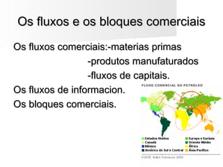 Os fluxos e os bloques comerciaisOs fluxos e os bloques comerciais
Os fluxos comerciais:-materias primasOs fluxos comerciais:-materias primas
-produtos manufaturados-produtos manufaturados
-fluxos de capitais.-fluxos de capitais.
Os fluxos de informacion.Os fluxos de informacion.
Os bloques comerciais.Os bloques comerciais.
 