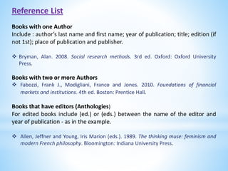 Reference List
Books with one Author
Include : author’s last name and first name; year of publication; title; edition (if
not 1st); place of publication and publisher.
 Bryman, Alan. 2008. Social research methods. 3rd ed. Oxford: Oxford University
Press.
Books with two or more Authors
 Fabozzi, Frank J., Modigliani, Franco and Jones. 2010. Foundations of financial
markets and institutions. 4th ed. Boston: Prentice Hall.
Books that have editors (Anthologies)
For edited books include (ed.) or (eds.) between the name of the editor and
year of publication - as in the example.
 Allen, Jeffner and Young, Iris Marion (eds.). 1989. The thinking muse: feminism and
modern French philosophy. Bloomington: Indiana University Press.
 
