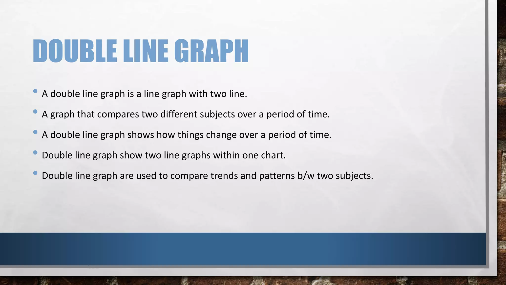 DOUBLE LINE GRAPH
• A double line graph is a line graph with two line.
• A graph that compares two different subjects over a period of time.
• A double line graph shows how things change over a period of time.
• Double line graph show two line graphs within one chart.
• Double line graph are used to compare trends and patterns b/w two subjects.
 
