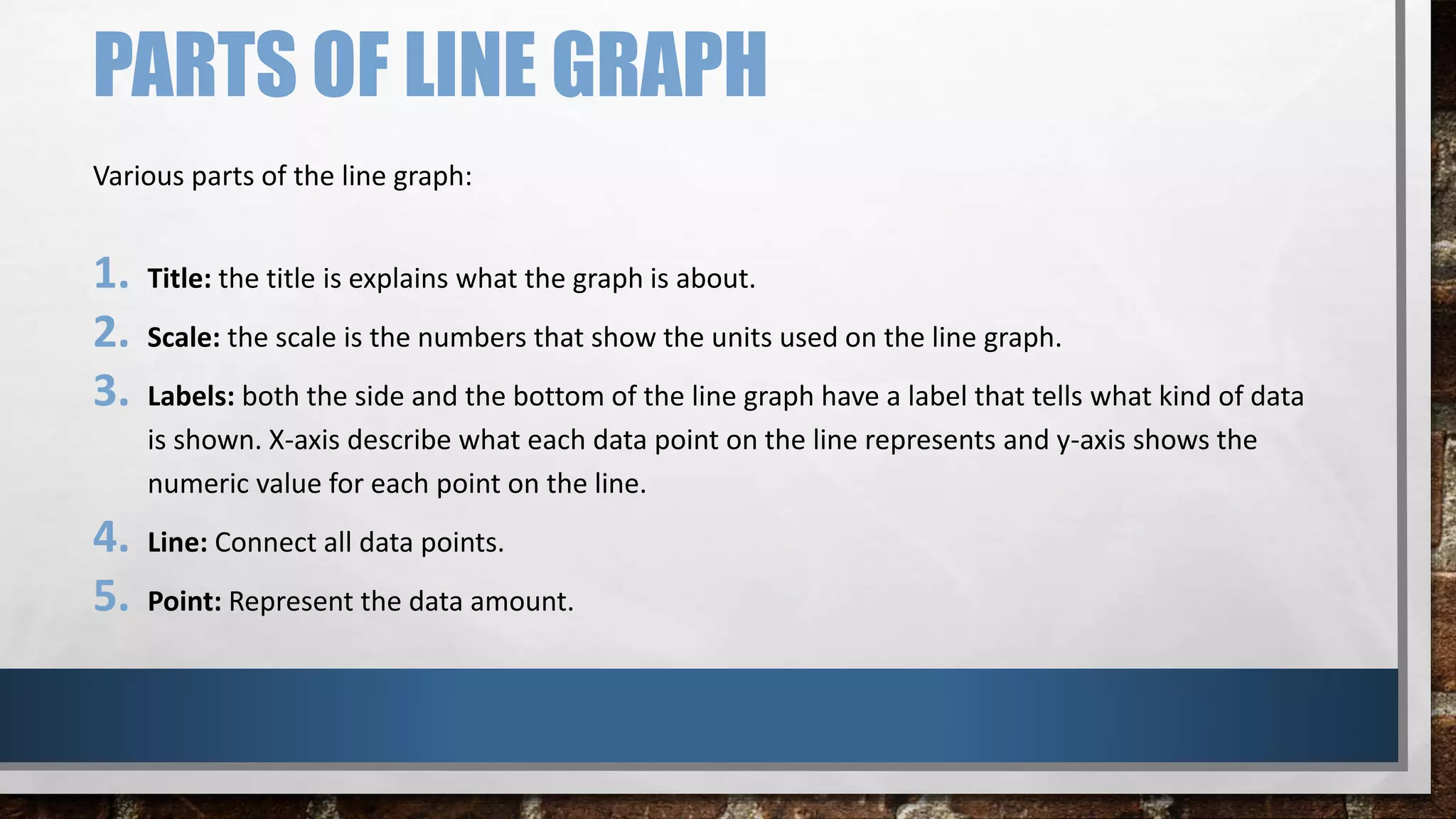 PARTS OF LINE GRAPH
Various parts of the line graph:
1. Title: the title is explains what the graph is about.
2. Scale: the scale is the numbers that show the units used on the line graph.
3. Labels: both the side and the bottom of the line graph have a label that tells what kind of data
is shown. X-axis describe what each data point on the line represents and y-axis shows the
numeric value for each point on the line.
4. Line: Connect all data points.
5. Point: Represent the data amount.
 