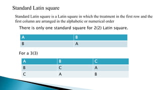 Standard Latin square
Standard Latin square is a Latin square in which the treatment in the first row and the
first column are arranged in the alphabetic or numerical order
There is only one standard square for 2(2) Latin square.
A B
B A
For a 3(3)
A B C
B C A
C A B
 