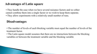 Advantages of Latin square
• They handle the case when we have several nuisance factors and we either
cannot combine them into a single factor or we wish to keep them separate.
• They allow experiments with a relatively small number of runs.
Disadvantages
• The number of levels of each blocking variable must equal the number of levels of the
treatment factor.
• The Latin square model assumes that there are no interactions between the blocking
variables or between the treatment variable and the blocking variable
 