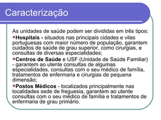 Caracterização As unidades de saúde podem ser divididas em três tipos: Hospitais -  situados nas principais cidades e vilas portuguesas com maior número de população, garantem cuidados de saúde de grau superior, como cirurgias, e consultas de diversas especialidades;  Centros de Saúde  e USF (Unidade de Saúde Familiar) - garantem ao utente consultas de algumas especialidades, consultas com o seu médico de família, tratamentos de enfermaria e cirurgias de pequena dimensão;  Postos Médicos  - localizados principalmente nas localidades sede de freguesia, garantem ao utente consultas com o seu médico de família e tratamentos de enfermaria de grau primário.  