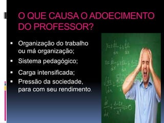 O QUE CAUSA O ADOECIMENTO
DO PROFESSOR?
 Organização do trabalho
ou má organização;
 Sistema pedagógico;
 Carga intensificada;
 Pressão da sociedade,
para com seu rendimento.
 