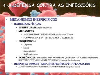 4 -A DEFENSA CONTRA AS INFECCIÓNS
• MECANISMOS INESPECÍFICOSMECANISMOS INESPECÍFICOS
– BARREIRAS FÍSICASBARREIRAS FÍSICAS
• ESTRUTURAISESTRUTURAIS: pel e mucosas: pel e mucosas
• MECÁNICASMECÁNICAS::
– MOVEMENTOS CILIOS MUCOSA RESPIRATORIAMOVEMENTOS CILIOS MUCOSA RESPIRATORIA
– FLUXO ORINA E INTESTINO CARA O EXTERIORFLUXO ORINA E INTESTINO CARA O EXTERIOR
• BIOQUÍMICASBIOQUÍMICAS::
– LágrimasLágrimas
– SalivaSaliva
– Xugo gástricoXugo gástrico
– Acidez da orinaAcidez da orina
• ECOLÓXICASECOLÓXICAS:: BACTERIAS NON PATÓXENAS QUE COMPITEN POLO ESPAZO COASBACTERIAS NON PATÓXENAS QUE COMPITEN POLO ESPAZO COAS
BACTERIAS POTENCIALMENTE PATÓXENAS: Lactobacilus dos ioguresBACTERIAS POTENCIALMENTE PATÓXENAS: Lactobacilus dos iogures
– RESPOSTA INMUNITARIA INESPECÍFICARESPOSTA INMUNITARIA INESPECÍFICA INFLAMACIÓNINFLAMACIÓN
• AUMENTO IRRIGACIÓNAUMENTO IRRIGACIÓN POSIBILITA ACCIÓNPOSIBILITA ACCIÓN FAGOCITOSFAGOCITOS (tipo glóbulo branco)(tipo glóbulo branco)
 