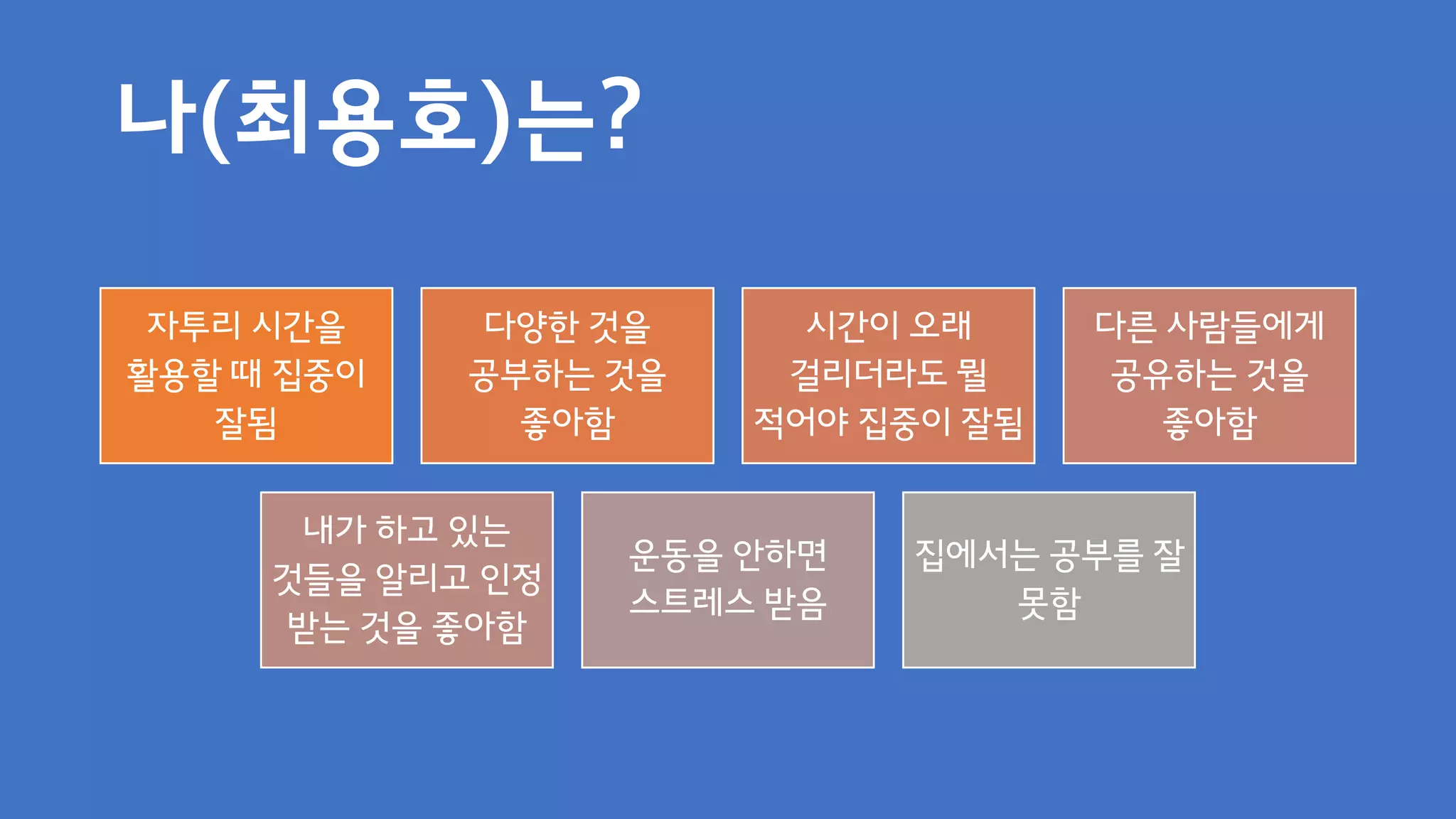 나(최용호)는?
자투리 시간을
활용할 때 집중이
잘됨
다양한 것을
공부하는 것을
좋아함
시간이 오래
걸리더라도 뭘
적어야 집중이 잘됨
다른 사람들에게
공유하는 것을
좋아함
내가 하고 있는
것들을 알리고 인정
받는 것을 좋아함
운동을 안하면
스트레스 받음
집에서는 공부를 잘
못함
 