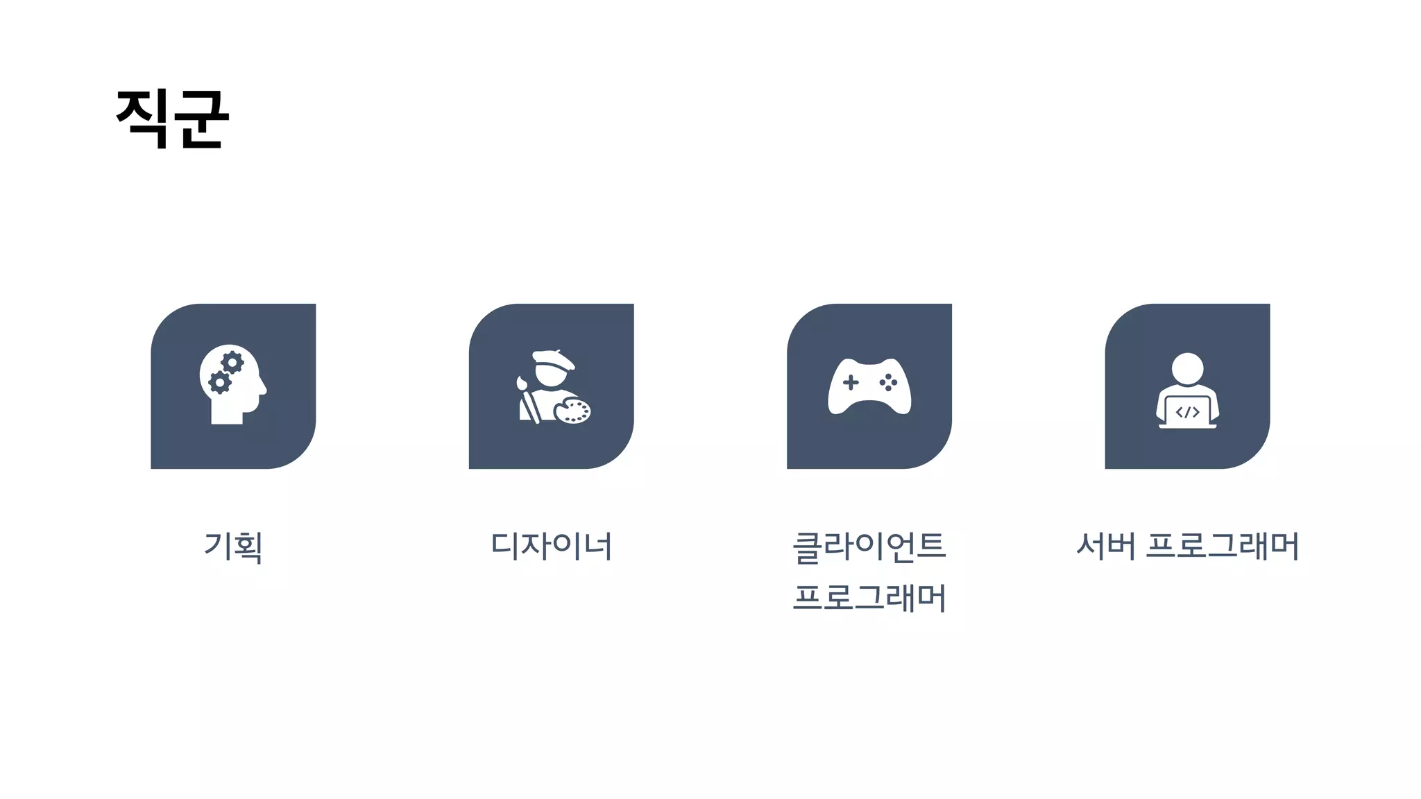 직군
기획 디자이너 클라이언트
프로그래머
서버 프로그래머
 