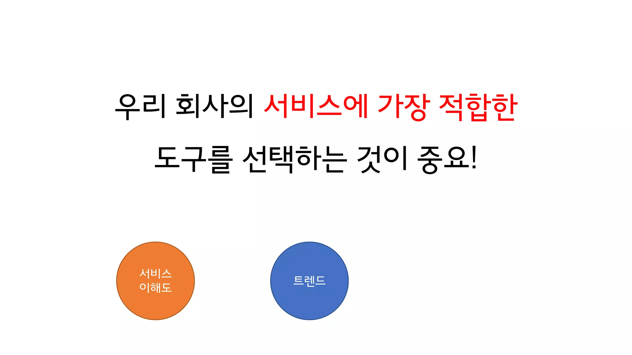 우리 회사의 서비스에 가장 적합한
도구를 선택하는 것이 중요!
트렌드
서비스
이해도
 