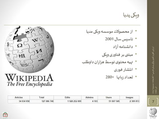 ‫ی‬‫فارس‬‫پدیای‬‫ویکی‬‫کیفی‬‫و‬‫ی‬‫کم‬‫ارزیابی‬–‫ارشاد‬‫حسینیه‬‫کتابخانه‬
‫آذر‬1393
‫پدیا‬‫ویکی‬
•‫مدیا‬ ‫ویکی‬‫موسسه‬ ‫محصوالت‬ ‫از‬
•‫سال‬ ‫تاسیس‬2001
•‫اد‬‫ز‬‫آ‬‫دانشنامه‬
•‫ویکی‬‫ی‬‫ر‬‫فناو‬ ‫بر‬ ‫مبتنی‬
•‫داوطلب‬ ‫ان‬‫ر‬‫ا‬‫ز‬‫ه‬ ‫توسط‬ ‫ی‬‫محتو‬ ‫تهیه‬
•‫ی‬‫ر‬‫فو‬‫انتشار‬
•‫بانها‬‫ز‬ ‫تعداد‬+280
7
 
