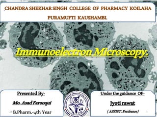 ImmunoelectronMicroscopy.
Undertheguidance OF-
Jyotirawat
(ASSIST.Professor)
PresentedBy-
Mo.AsadFarooqui
B.Pharm.-4thYear
CHANDRASHEKHARSINGH COLLEGE OF PHARMACY KOILAHA
PURAMUFTI KAUSHAMBI.
23-02-2019 1
 