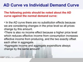 AD Curve vs Individual Demand Curve
The following points should be noted about the AD
curve against the normal demand curve:
• In the AD curve there are no substitution effects because
we are considering changes in the price level so all prices
change by this amount.
•There is also no income effect because a higher price level
which reduces effective income from consumption increases
effective income from producing, and the two exactly offset
each other in aggregate.
•Aggregate income and aggregate expenditure always
change by the same amount!
 