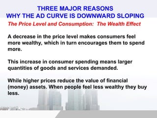THREE MAJOR REASONS
WHY THE AD CURVE IS DOWNWARD SLOPING
The Price Level and Consumption: The Wealth Effect
A decrease in the price level makes consumers feel
more wealthy, which in turn encourages them to spend
more.
This increase in consumer spending means larger
quantities of goods and services demanded.
While higher prices reduce the value of financial
(money) assets. When people feel less wealthy they buy
less.
 