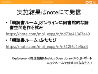 実施結果はnoteにて発信
• 「朝読書ルーム」オンラインに図書館的な読
書空間を作る試み
https://note.com/mol_expg/n/nd73e41367e49
• 「朝読書ルーム」ふたたび
https://note.com/mol_expg/n/n312f6c4e3cc4
Explayground推進機構Moebius Open Library(MOL)レポート
ニックネームで執筆中（ななたん）
2020/06/20-21 Code4Lib 2020LT
12
 