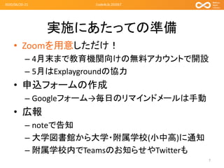 実施にあたっての準備
• Zoomを用意しただけ！
– 4月末まで教育機関向けの無料アカウントで開設
– 5月はExplaygroundの協力
• 申込フォームの作成
– Googleフォーム→毎日のリマインドメールは手動
• 広報
– noteで告知
– 大学図書館から大学・附属学校(小中高)に通知
– 附属学校内でTeamsのお知らせやTwitterも
2020/06/20-21
7
Code4Lib 2020LT
 