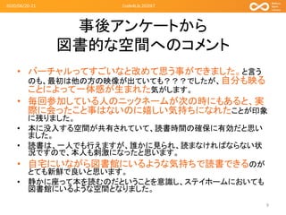 事後アンケートから
図書的な空間へのコメント
• バーチャルってすごいなと改めて思う事ができました。と言う
のも、最初は他の方の映像が出ていても？？？でしたが、自分も映る
ことによって一体感が生まれた気がします。
• 毎回参加している人のニックネームが次の時にもあると、実
際に会ったこと事はないのに嬉しい気持ちになれたことが印象
に残りました。
• 本に没入する空間が共有されていて、読書時間の確保に有効だと思い
ました。
• 読書は、一人でも行えますが、誰かに見られ、読まなければならない状
況ですので、本人も刺激になったと思います。
• 自宅にいながら図書館にいるような気持ちで読書できるのが
とても新鮮で良いと思います。
• 静かに座って本を読むのだということを意識し、ステイホームにおいても
図書館にいるような空間となりました。
2020/06/20-21 Code4Lib 2020LT
9
 