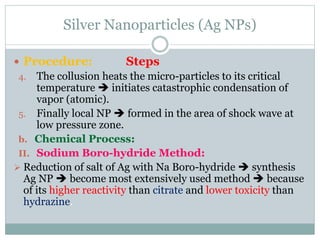 Silver Nanoparticles (Ag NPs)
 Procedure: Steps
4. The collusion heats the micro-particles to its critical
temperature  initiates catastrophic condensation of
vapor (atomic).
5. Finally local NP  formed in the area of shock wave at
low pressure zone.
b. Chemical Process:
II. Sodium Boro-hydride Method:
 Reduction of salt of Ag with Na Boro-hydride  synthesis
Ag NP  become most extensively used method  because
of its higher reactivity than citrate and lower toxicity than
hydrazine.
 