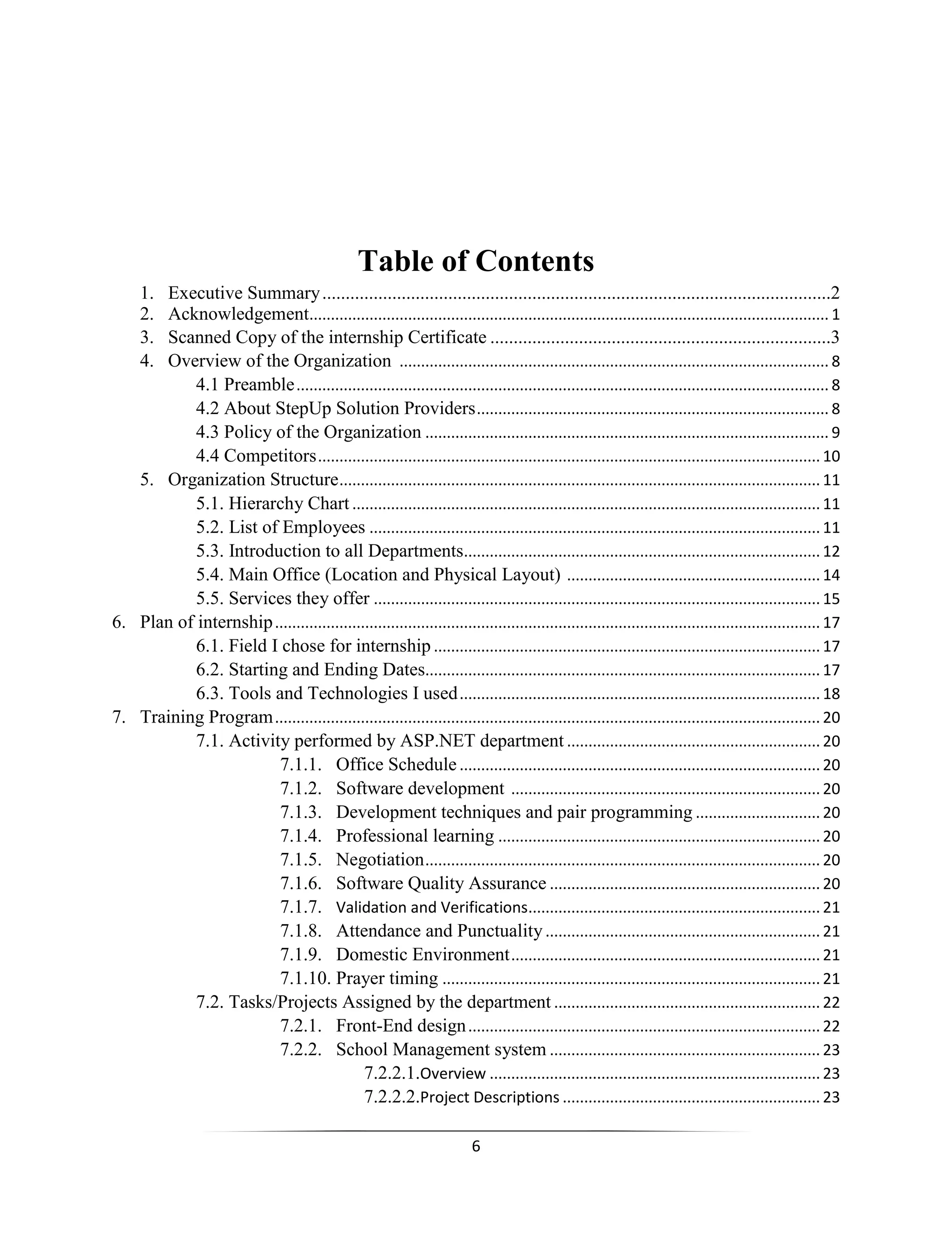 6
Table of Contents
1. Executive Summary.............................................................................................................2
2. Acknowledgement......................................................................................................................... 1
3. Scanned Copy of the internship Certificate .........................................................................3
4. Overview of the Organization .................................................................................................... 8
4.1 Preamble............................................................................................................................ 8
4.2 About StepUp Solution Providers.................................................................................. 8
4.3 Policy of the Organization .............................................................................................. 9
4.4 Competitors..................................................................................................................... 10
5. Organization Structure................................................................................................................ 11
5.1. Hierarchy Chart ............................................................................................................. 11
5.2. List of Employees ......................................................................................................... 11
5.3. Introduction to all Departments................................................................................... 12
5.4. Main Office (Location and Physical Layout) ........................................................... 14
5.5. Services they offer ........................................................................................................ 15
6. Plan of internship............................................................................................................................... 17
6.1. Field I chose for internship .......................................................................................... 17
6.2. Starting and Ending Dates............................................................................................ 17
6.3. Tools and Technologies I used.................................................................................... 18
7. Training Program............................................................................................................................... 20
7.1. Activity performed by ASP.NET department ........................................................... 20
7.1.1. Office Schedule.................................................................................... 20
7.1.2. Software development ........................................................................ 20
7.1.3. Development techniques and pair programming ............................. 20
7.1.4. Professional learning ........................................................................... 20
7.1.5. Negotiation............................................................................................ 20
7.1.6. Software Quality Assurance ............................................................... 20
7.1.7. Validation and Verifications.................................................................... 21
7.1.8. Attendance and Punctuality................................................................ 21
7.1.9. Domestic Environment........................................................................ 21
7.1.10. Prayer timing ........................................................................................ 21
7.2. Tasks/Projects Assigned by the department .............................................................. 22
7.2.1. Front-End design.................................................................................. 22
7.2.2. School Management system ............................................................... 23
7.2.2.1.Overview ............................................................................. 23
7.2.2.2.Project Descriptions ............................................................ 23
 