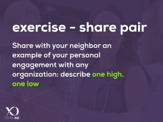 exercise - share pair
Share with your neighbor an
example of your personal
engagement with any
organization: describe one high,
one low
 