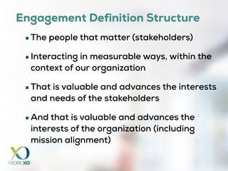 Engagement Definition Structure
▪The people that matter (stakeholders)
▪Interacting in measurable ways, within the
context of our organization
▪That is valuable and advances the interests
and needs of the stakeholders
▪And that is valuable and advances the
interests of the organization (including
mission alignment)
 