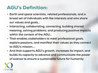 AGU’s Definition:
• Earth and space scientists, related professionals, and a
broad set of individuals with like interests and who share
our values and goals…
• Interacting, collaborating, connecting, building shared
meaning, solving problems, and producing positive impacts
within the context of the AGU…
• That enables stakeholders to meet professional goals,
explore passions, and manifest their values as they connect
to AGU’s mission….
• And that supports AGU’s growth, increases its impact, and
builds its capacity to advance and communicate the power
of science to ensure a sustainable future for humanity
 