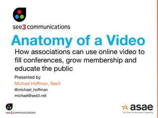 Presented by   Michael Hoffman, See3  @michael_hoffman [email_address] How associations can use online video to fill conferences, grow membership and educate the public Anatomy of a Video 