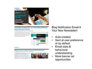 Blog Notification Email
Your New Newsletter!
• Auto-created
• Sent at user preference
or by default
• Email stats &
behavioral
understanding
• More banner ad
opportunities
 