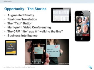 Dachis Group




 Opportunity - The Stories
 •     Augmented Reality
 •     Real-time Translation
 •     The “Taxi” Button
 •     Multi-point Video Conferencing
 •     The CRM “lite” app & “walking the line”
 •     Business intelligence




(cc) 2012 Dachis Group. Creative Commons. Some Rights Reserved.
 