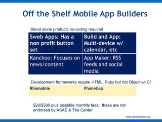 Off the Shelf Mobile App Builders Stand alone products no coding required Development frameworks require HTML, Ruby but not Objective C! $20/$500 plus possible monthly fees;  these are not endorsed by ASAE & The Center Sweb Apps: Has a non profit button set Build and App: Multi-device w/ calendar, etc Kanchoo: Focuses on news/content App Maker: RSS feeds and social media Rhomobile PhoneGap 