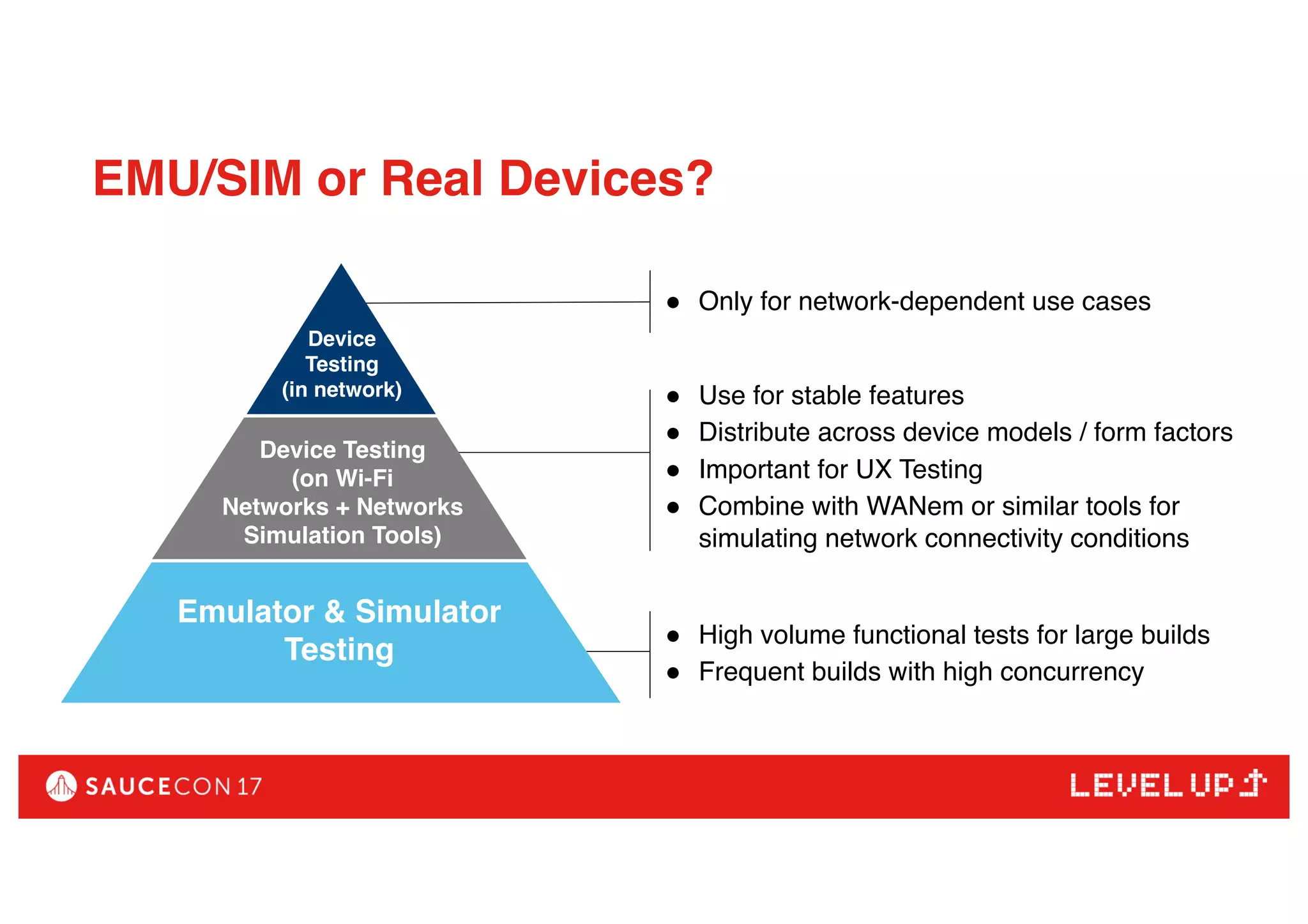 EMU/SIM or Real Devices?
Device Testing (on Wi-Fi
Networks + Networks
Simulation Tools)
● Use for stable features
● Distribute across device models / form factors
● Important for UX Testing
● Combine with WANem or similar tools for
simulating network connectivity conditions
● Only for network-dependent use cases
● High volume functional tests for large builds
● Frequent builds with high concurrency
Device
Testing
(in network)
Device Testing (on Wi-Fi
Networks + Networks
Simulation Tools)
Device
Testing
(in network)
Device Testing
(on Wi-Fi
Networks + Networks
Simulation Tools)
Emulator & Simulator
Testing
 