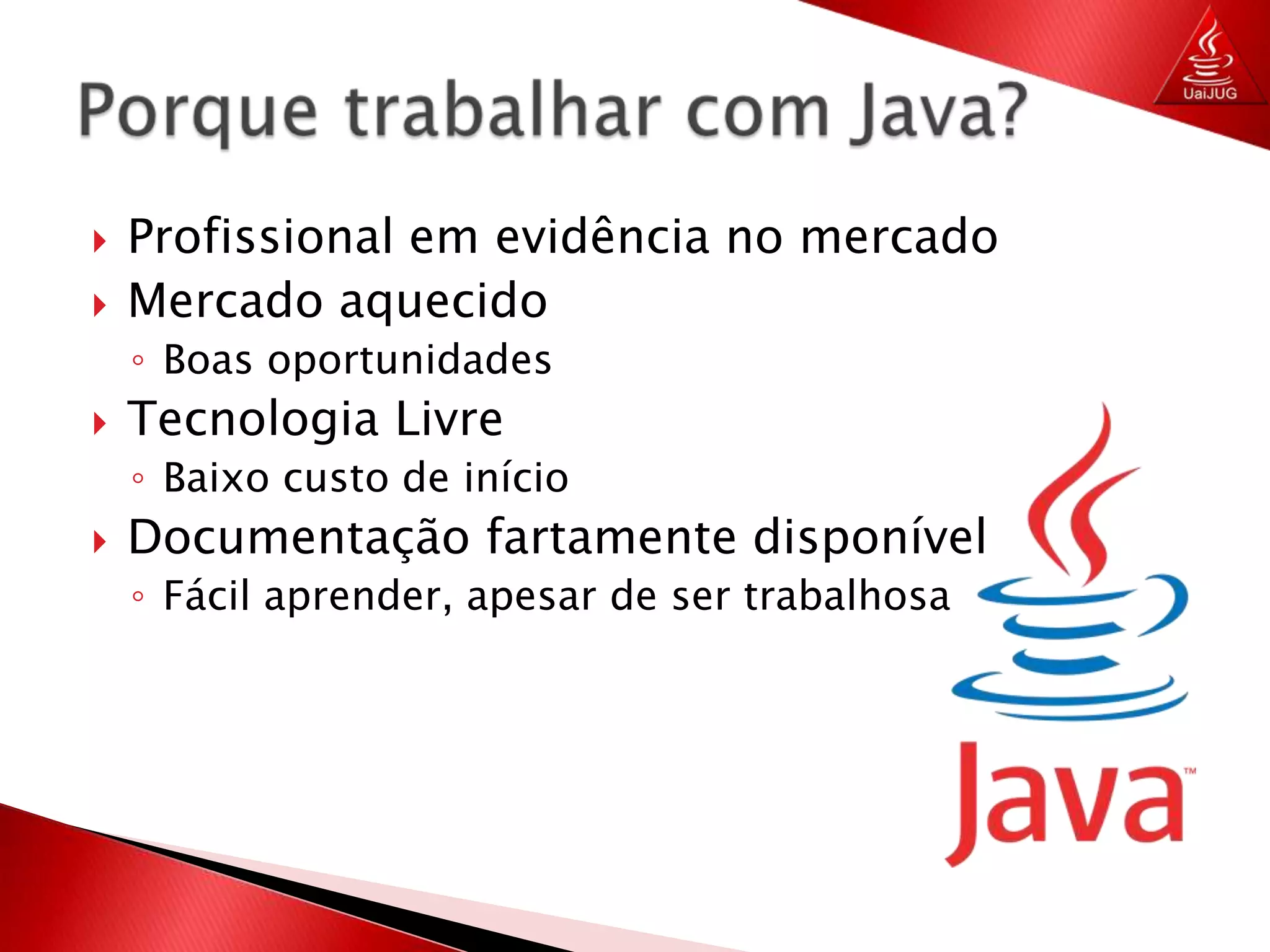 Profissional em evidência no mercadoMercado aquecidoBoas oportunidadesTecnologia LivreBaixo custo de inícioDocumentação fartamente disponívelFácil aprender, apesar de ser trabalhosaPorque trabalhar com Java?