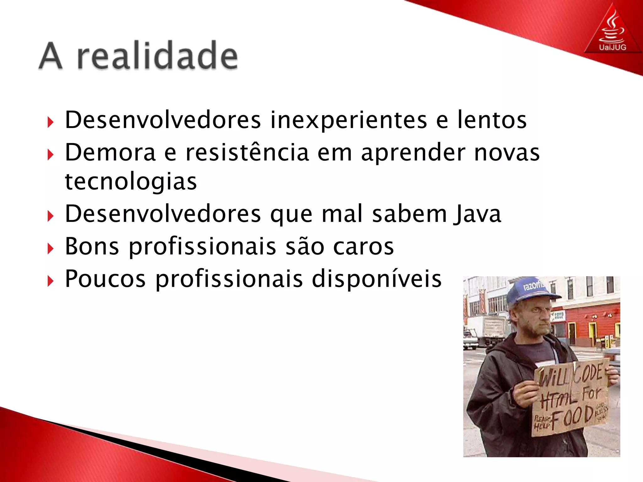 Desenvolvedores inexperientes e lentosDemora e resistência em aprender novas tecnologiasDesenvolvedores que mal sabem JavaBons profissionais são carosPoucos profissionais disponíveisA realidade	