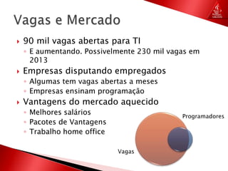 90 mil vagas abertas para TIE aumentando. Possivelmente 230 mil vagas em 2013Empresas disputando empregadosAlgumas tem vagas abertas a mesesEmpresas ensinam programaçãoVantagens do mercado aquecidoMelhores saláriosPacotes de VantagensTrabalho home officeVagas e MercadoProgramadoresVagas